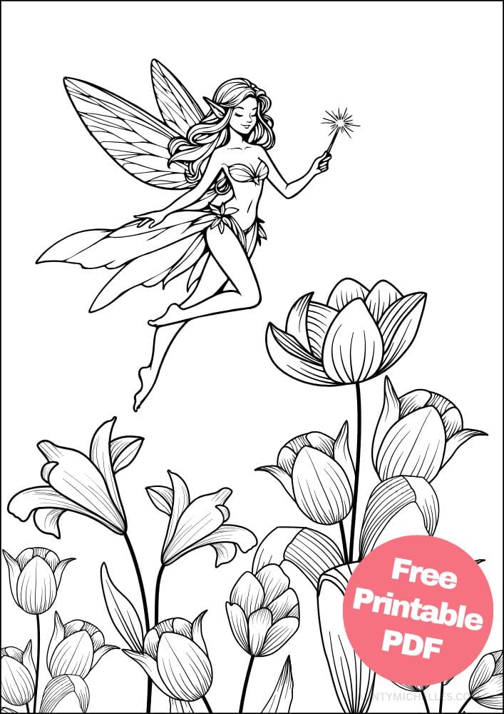 coloring page with a pixie flying over a garden of tulip and lily flowers