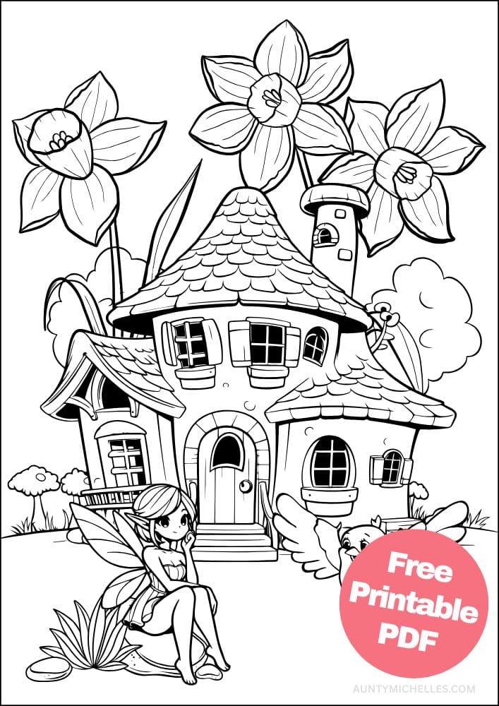 coloring page featuring a fairy talking to a small bird in front of her fairy cottage