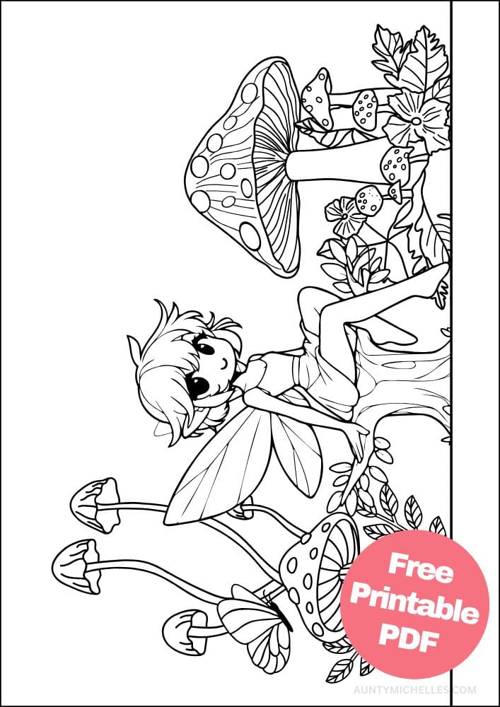 coloring page with an anime fairy sitting on a tree stump in a garden