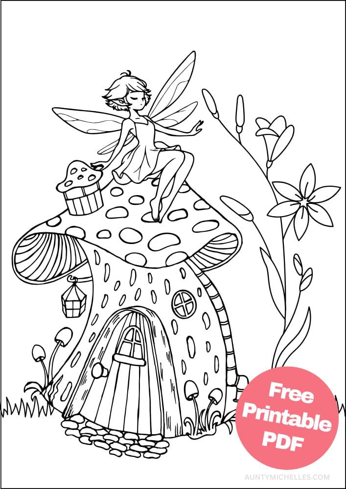 coloring page with a small pixie sitting on top of her spotted mushroom house
