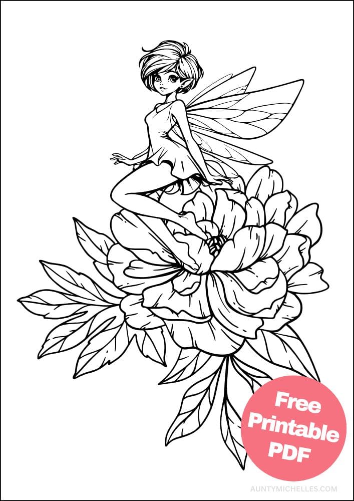 coloring page with a beautiful pixie perched on top of a large peony flower