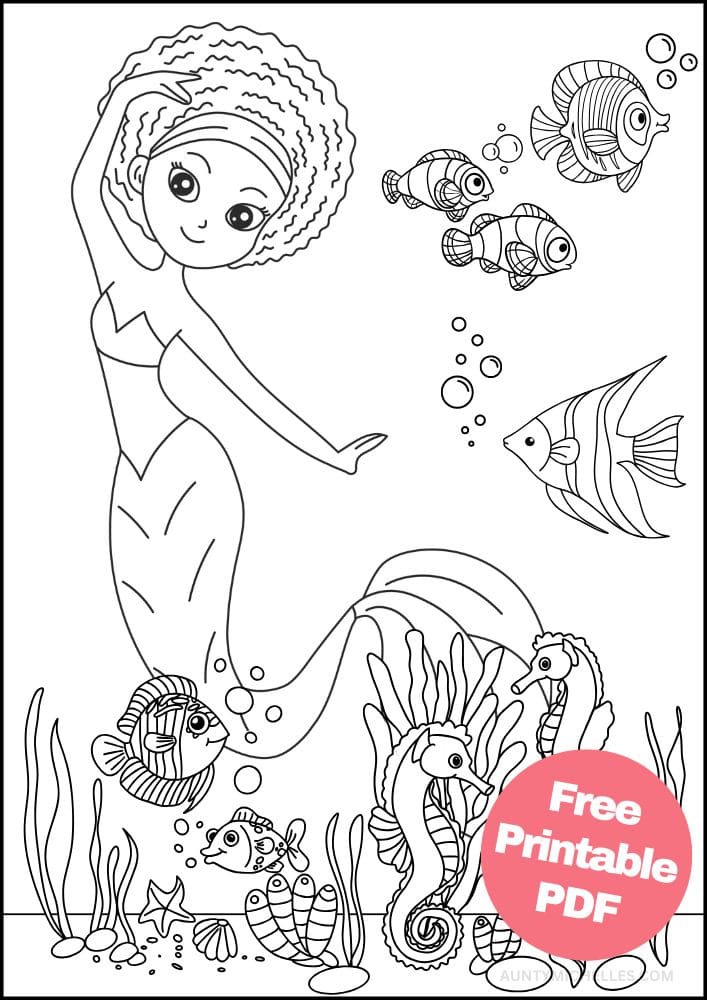 Mermaid Coloring Page for Kids Black African Fish Seahorse Ocean