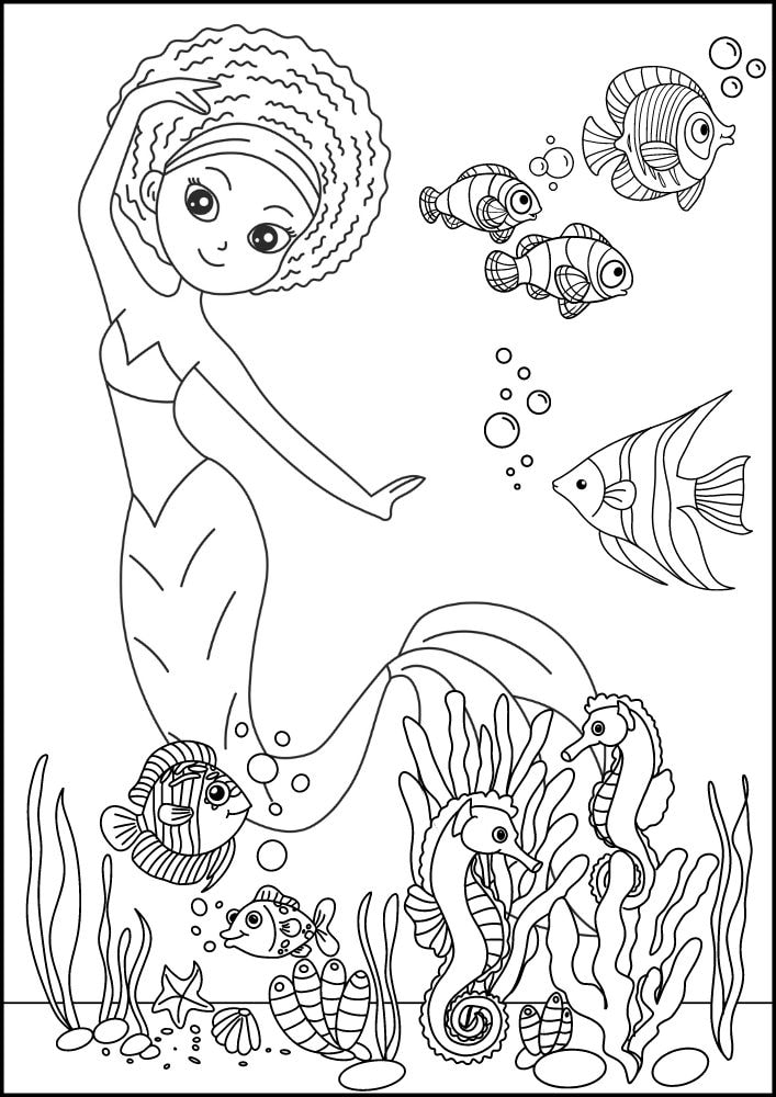 Free Printable Mermaid Coloring Pages for Kids Black Afro African Fish Seahorse Ocean