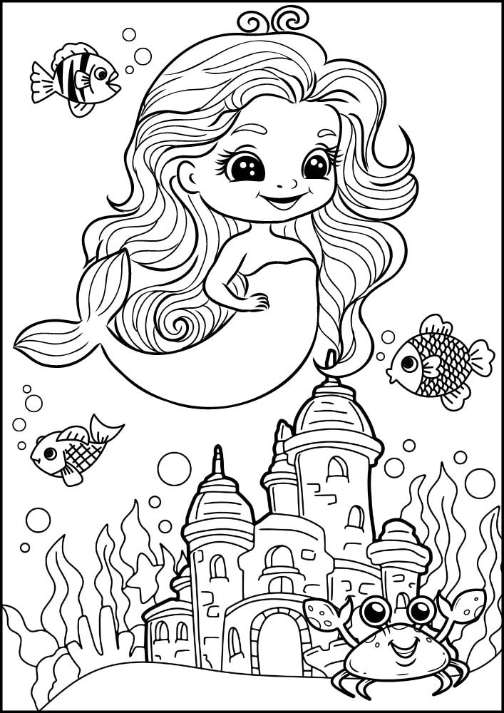 Free Printable Mermaid Coloring Pages for Kids Castle Crab Ocean Fish