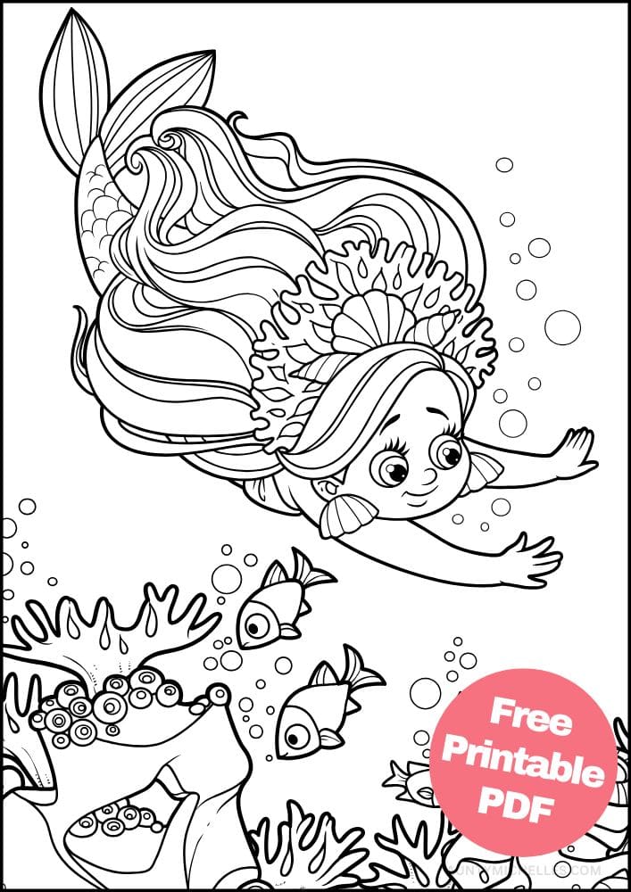 Printable Mermaid Coloring Page for Kids Cute Fish Coral Reef