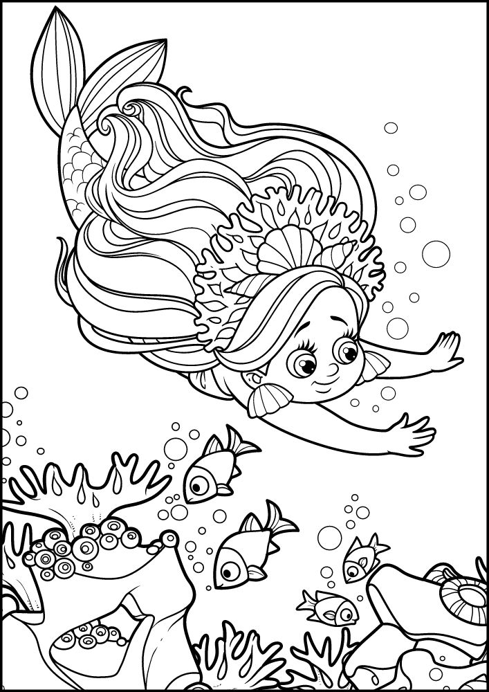 Free Printable Mermaid Coloring Pages for Kids Cute Fish Coral Reef