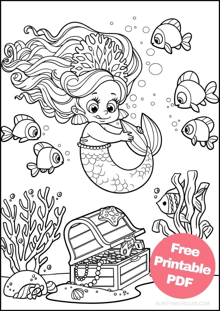 Printable Mermaid Coloring Page for Kids Cute Ocean Fish Treasure Chest