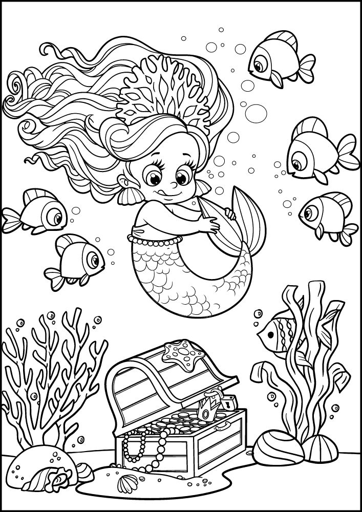 Free Printable Mermaid Coloring Pages for Kids Cute Ocean Fish Treasure Chest