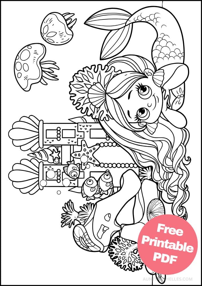 Mermaid Coloring Page for Kids Cute Sand Castle Seashells Jelly Fish