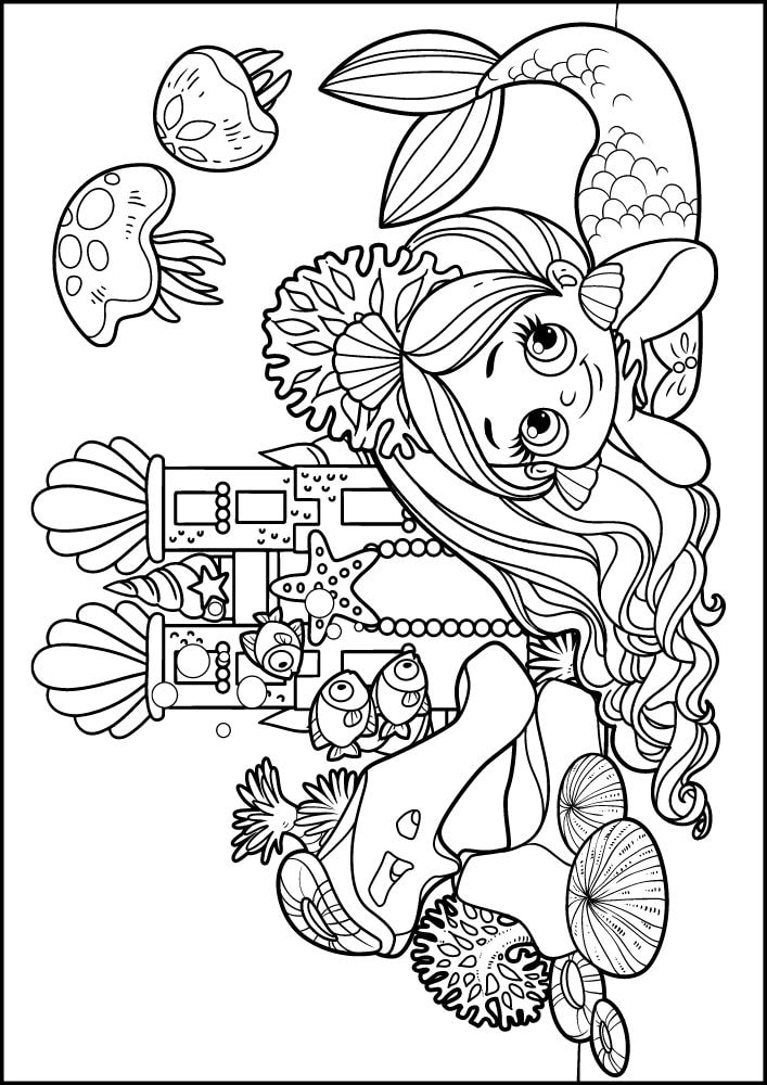 Free Printable Mermaid Coloring Pages for Kids Cute Sand Castle Seashells Jelly Fish