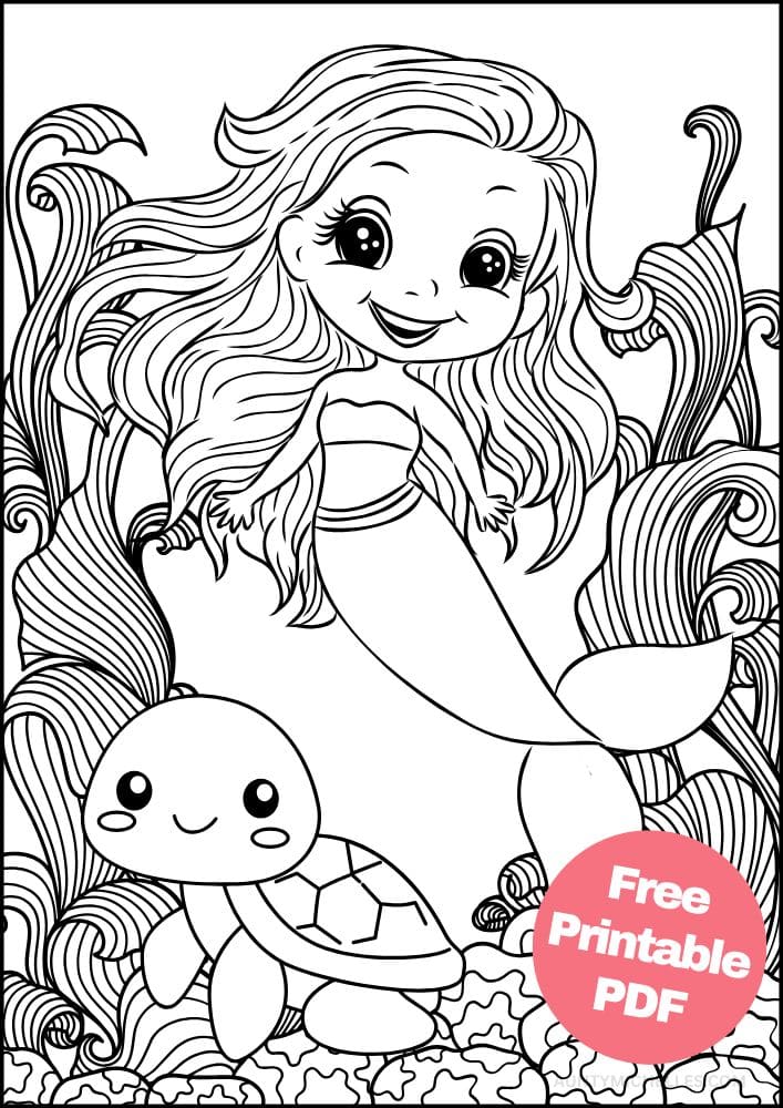 Printable Mermaid Coloring Page for Kids Cute Sea Turtle Coral Seaweed
