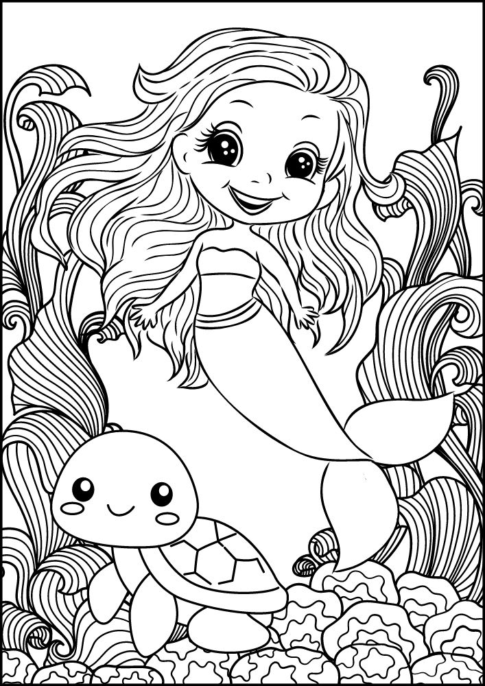 Free Printable Mermaid Coloring Pages for Kids Cute Sea Turtle Coral Seaweed