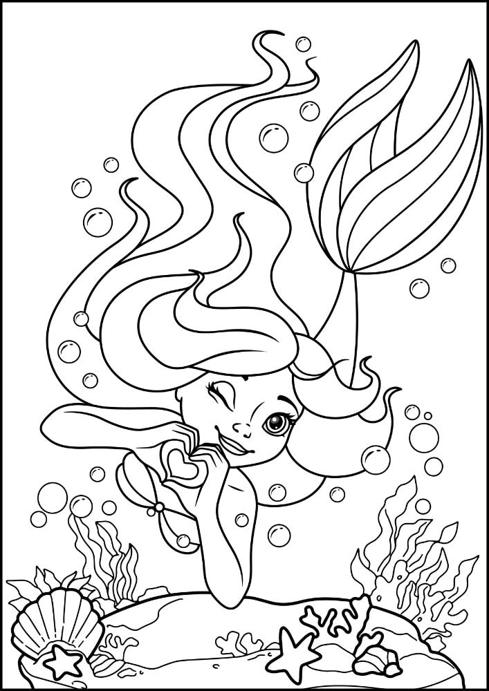 Free Printable Mermaid Coloring Pages for Kids Heart Hands Bubbles Starfish