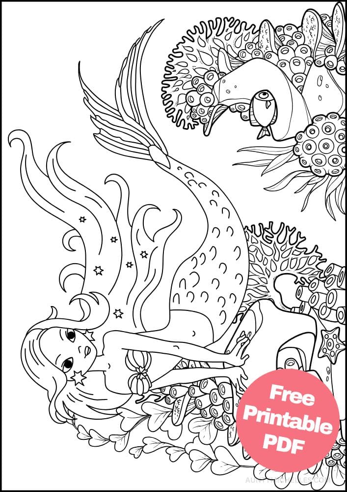Mermaid Coloring Page for Kids Ocean Coral Fish