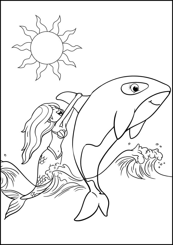 Free Printable Mermaid Coloring Pages for Kids Orca Whale Ride Ocean Sun Funny