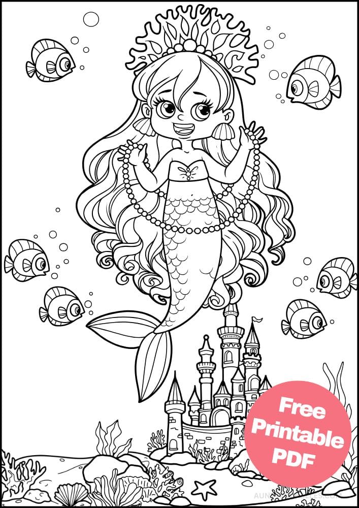 Mermaid Coloring Page for Kids Pearls Fish Castle Ocean