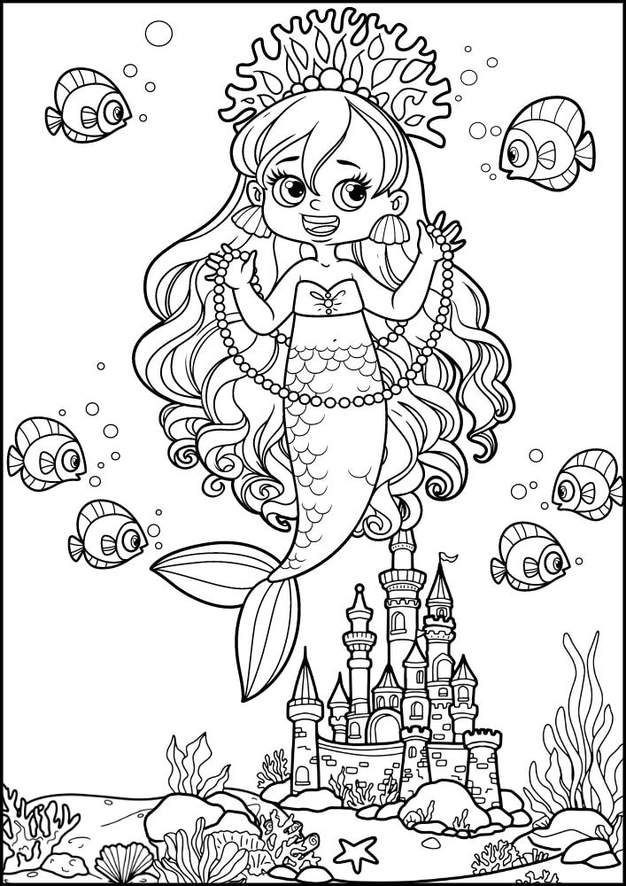 Free Printable Mermaid Coloring Pages for Kids Pearls Fish Castle Ocean