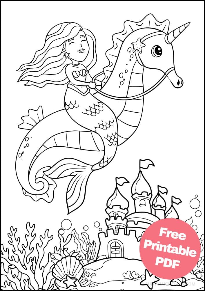 Coloring Page for Kids Seahorse Castle Ocean Coral Reef