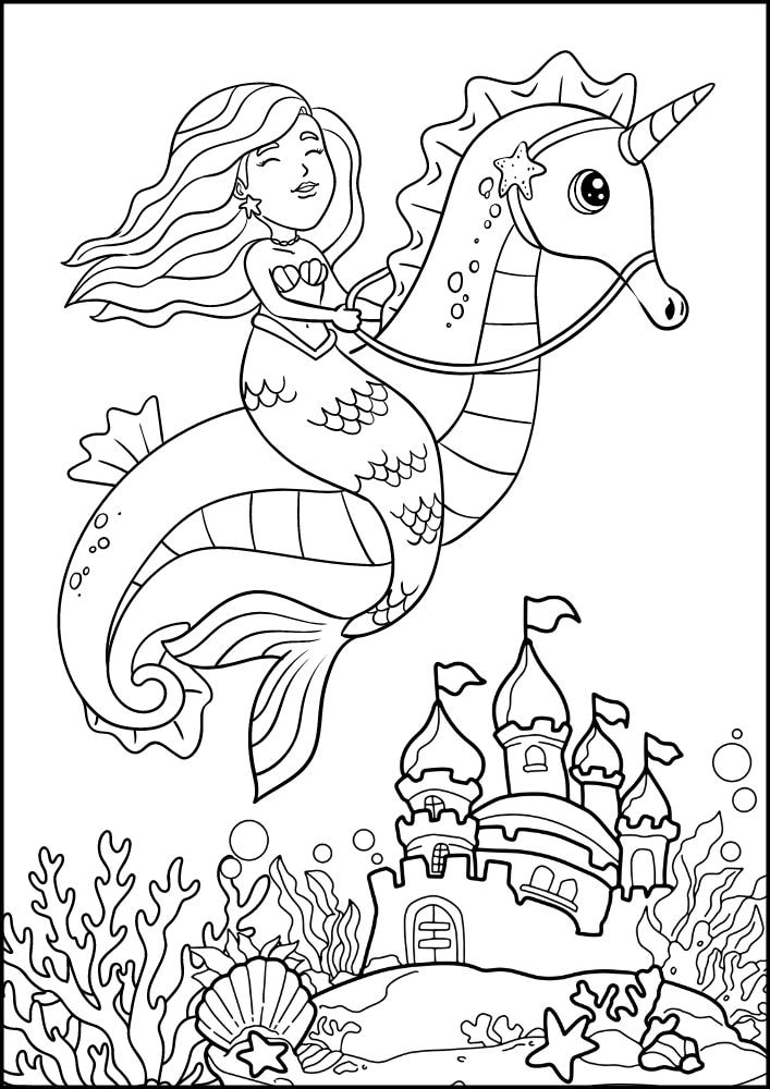 Free Printable Mermaid Coloring Pages for Kids Seahorse Castle Ocean Coral Reef