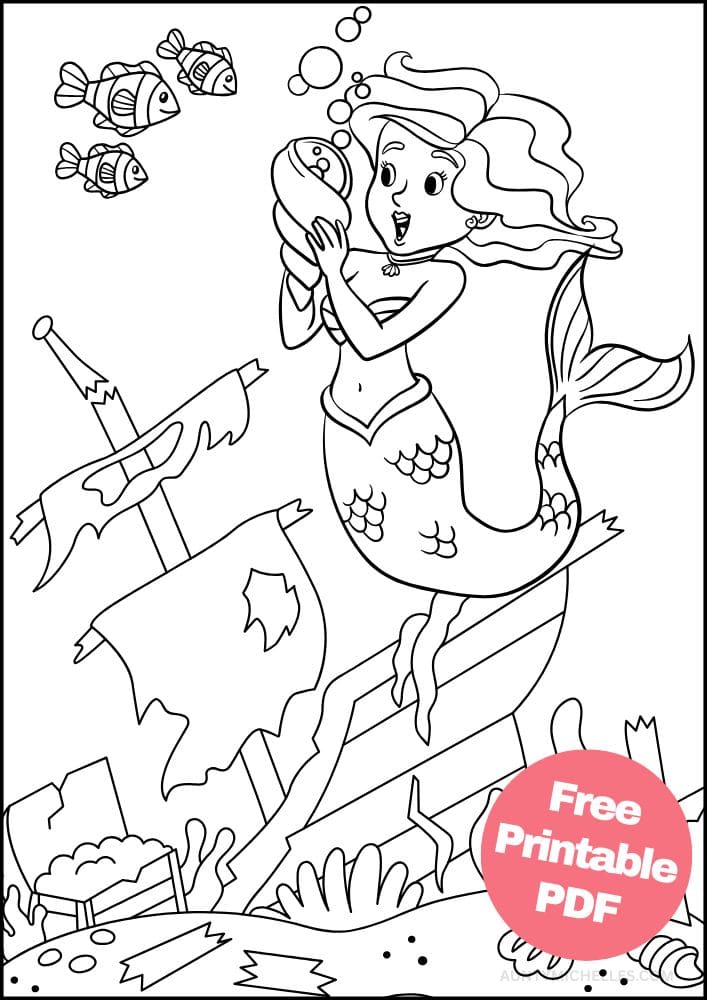 Mermaid Coloring Page for Kids Seashell Ship Wreck Ocean