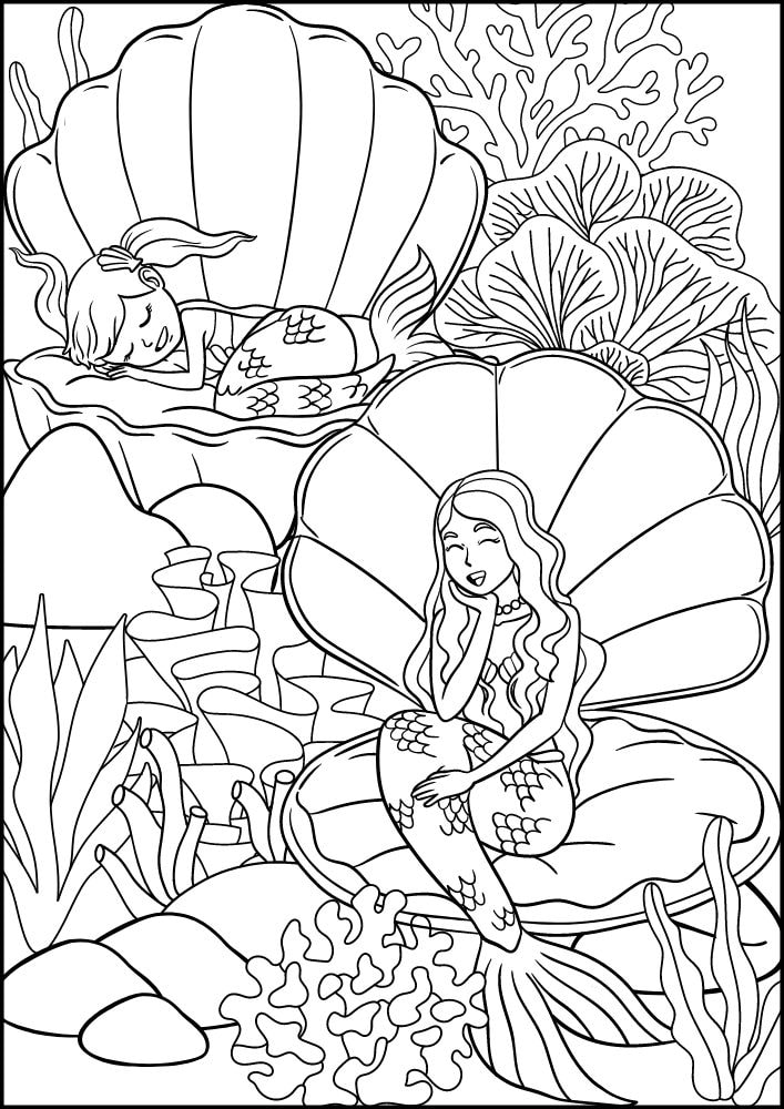 Free Printable Mermaid Coloring Pages for Kids Seashells Sleeping Coral Bed