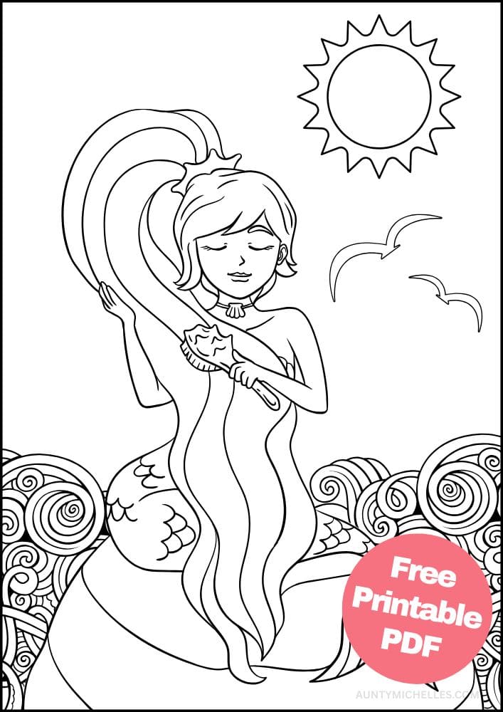 Mermaid Coloring Page for Kids Sun Rock Ocean Waves Hairbrush