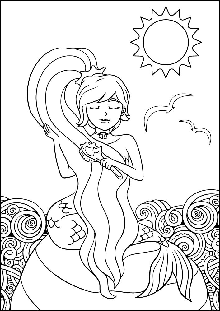 Free Printable Mermaid Coloring Pages for Kids Sun Rock Ocean Waves Hairbrush