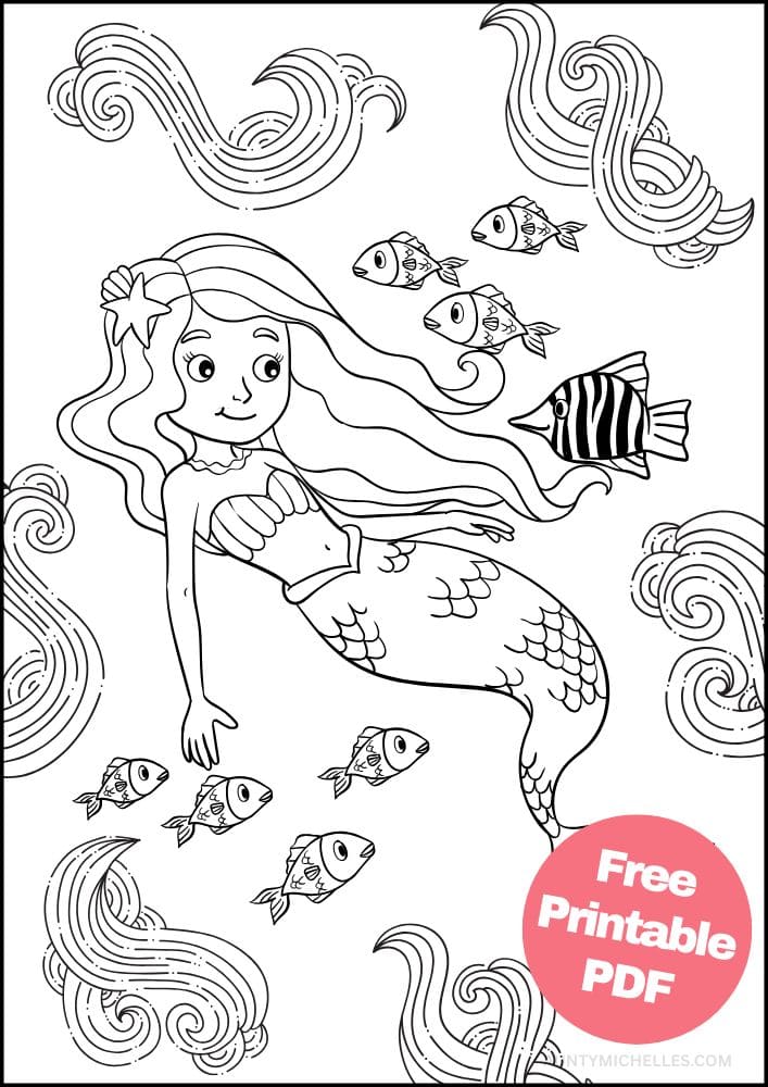 Mermaid Coloring Page for Kids Waves Ocean Fish Swimming