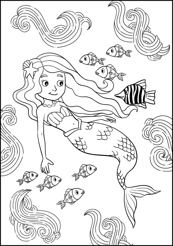 Free Printable Mermaid Coloring Pages for Kids Waves Ocean Fish Swimming