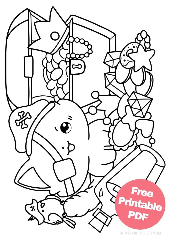 Printable Coloring Page for Kids cute cat kitty treasure bottle parrot