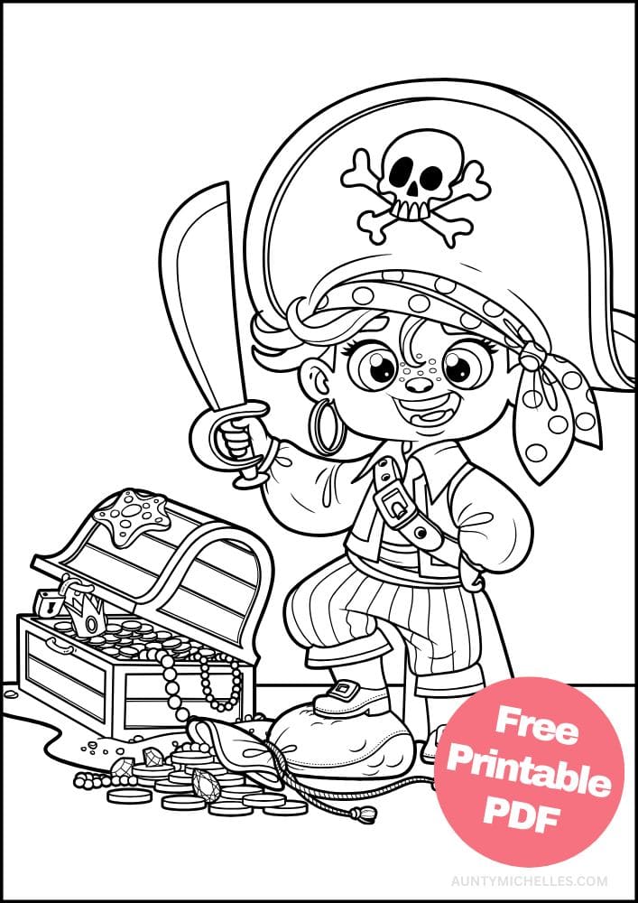 Cute Printable Pirate Coloring Page for Kids cute hat sword treasure
