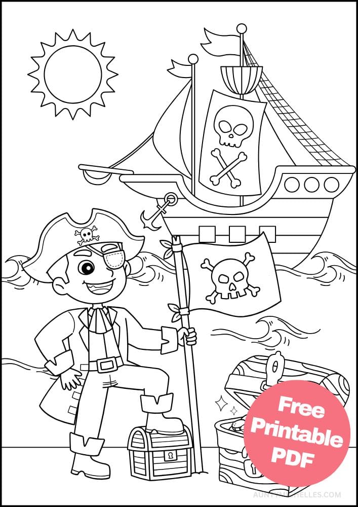 Printable pirate Coloring Page for Kids flag ship treasure captain eye patch