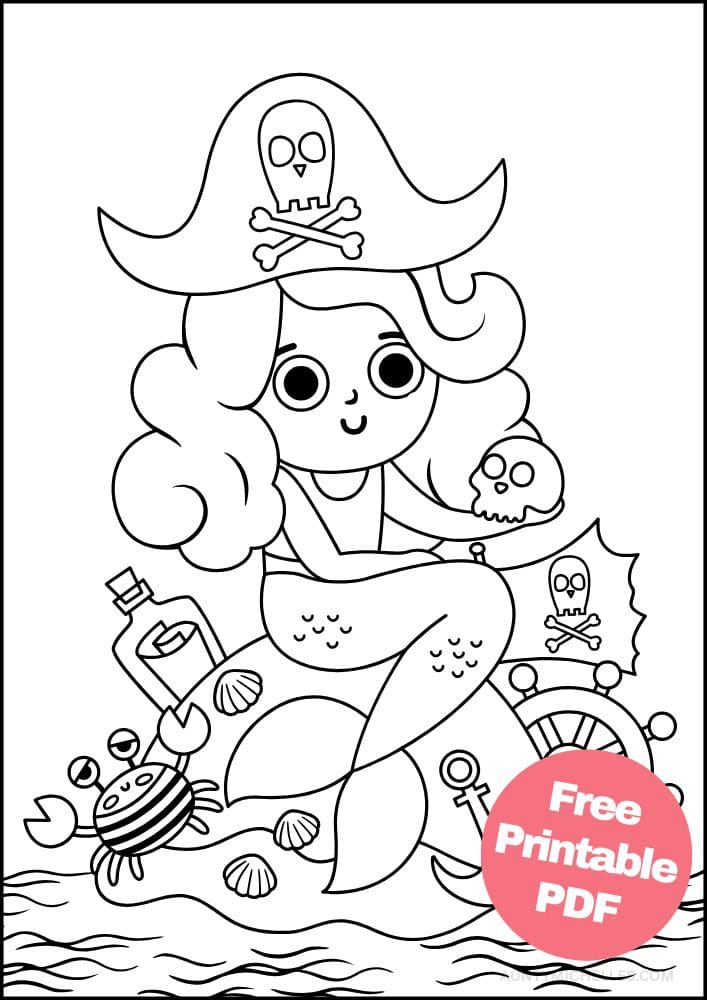 Coloring Page for Kids mermaid skull island message in a bottle anchor crab