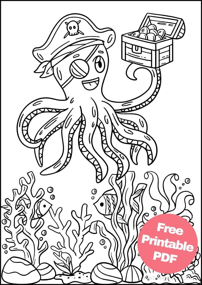 Pirate Coloring Page for Kids octopus treasure ocean hat eye patch