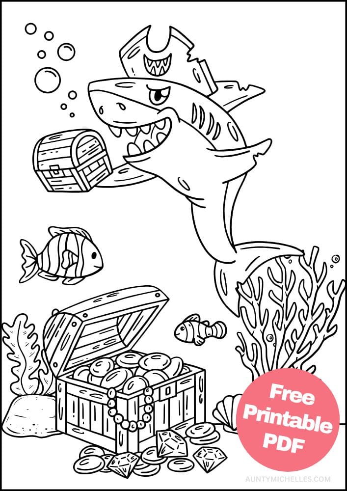 Coloring Page for Kids shark sunken treasure fish shipwreck