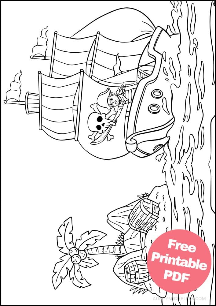 Pirate Coloring Page for Kids ship captain island treasure ocean
