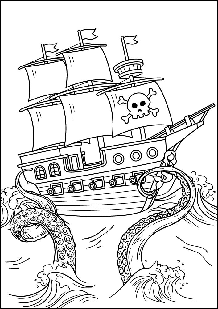 Free Printable Pirate Coloring Pages for Kids ship sea monster cracken waves ocean skull and cross bone