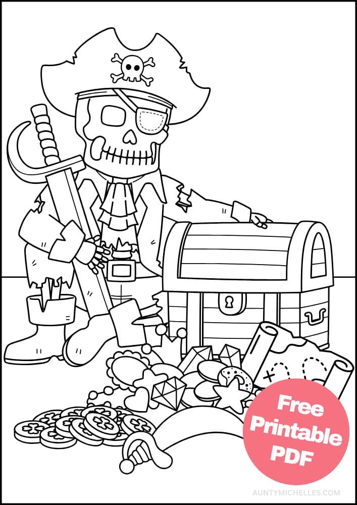 Free Printable Pirate Coloring Page for Kids skeleton skull treasure map sword