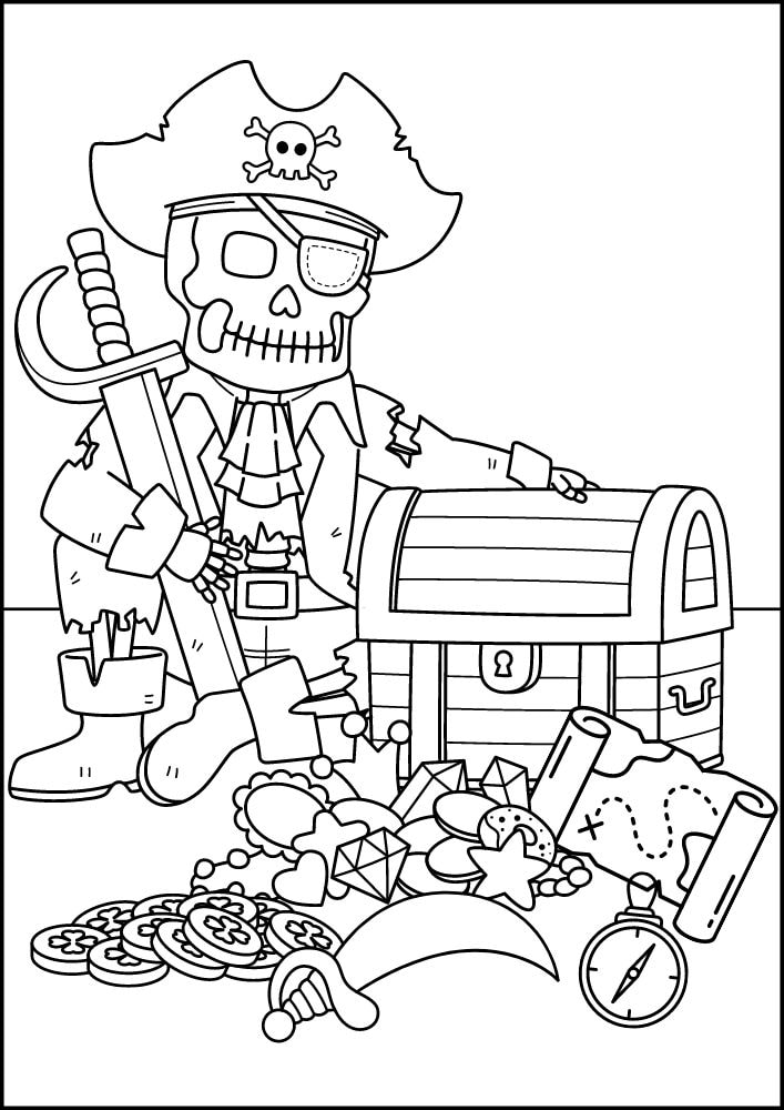 Free Printable Pirate Coloring Pages for Kids skeleton skull treasure map sword