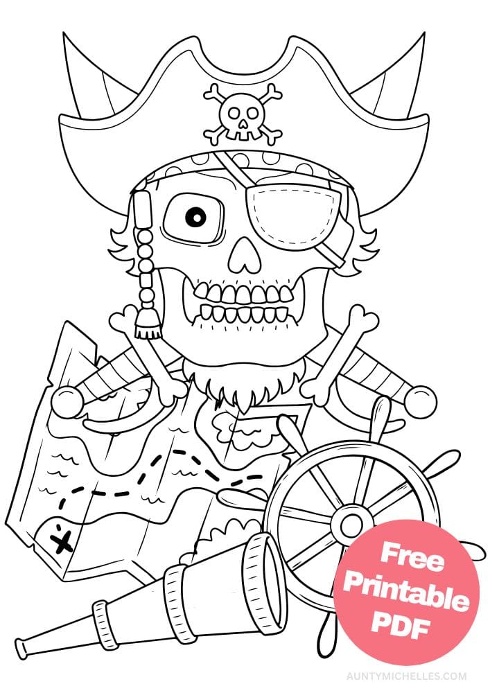 Pirate Coloring Page for Kids skull sword map wheel eye patch