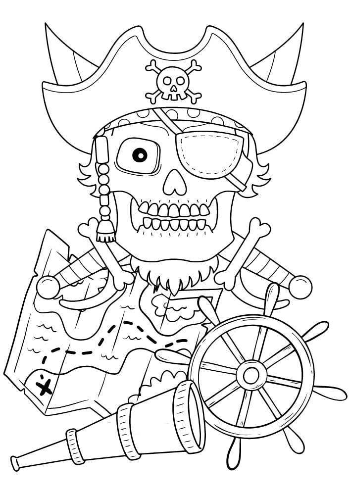 Free Printable Pirate Coloring Pages for Kids skull sword map wheel eye patch