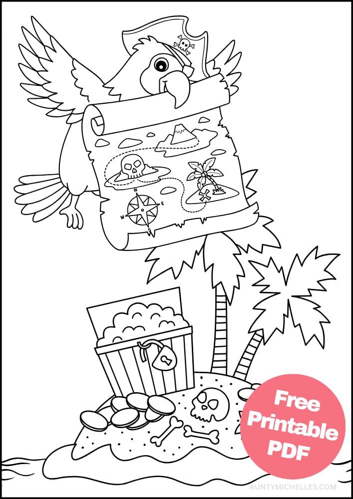 Free Printable Coloring Page for Kids treasure island parrot map