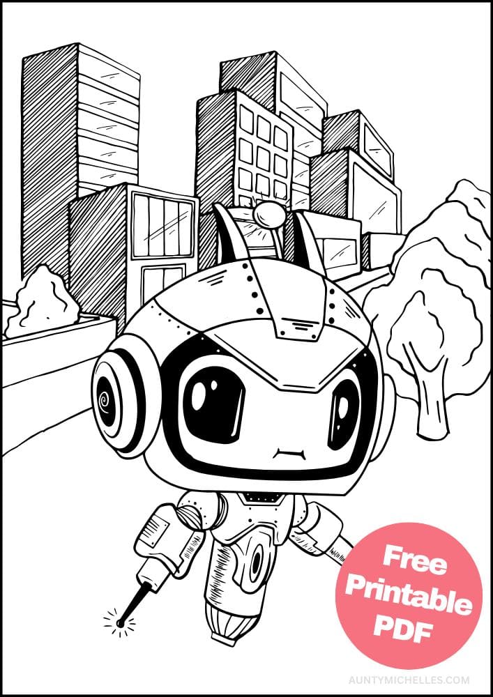 Robot Coloring Page for Kids Bot Droid city future futuristic
