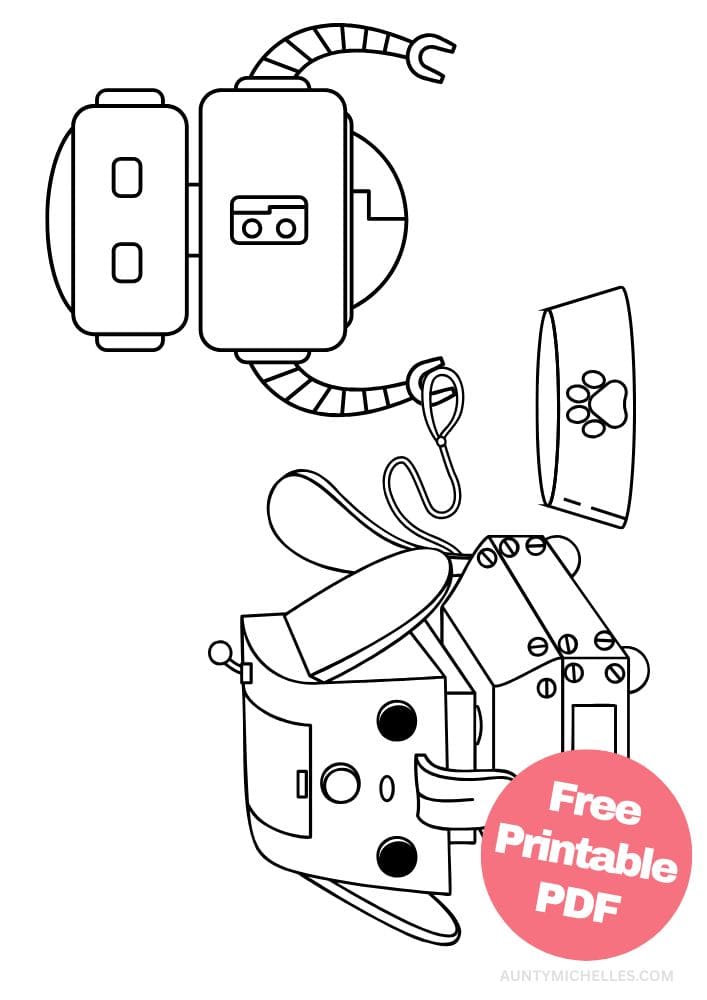 Robot Coloring Page for Kids Bot Droid dog walker leash bowl