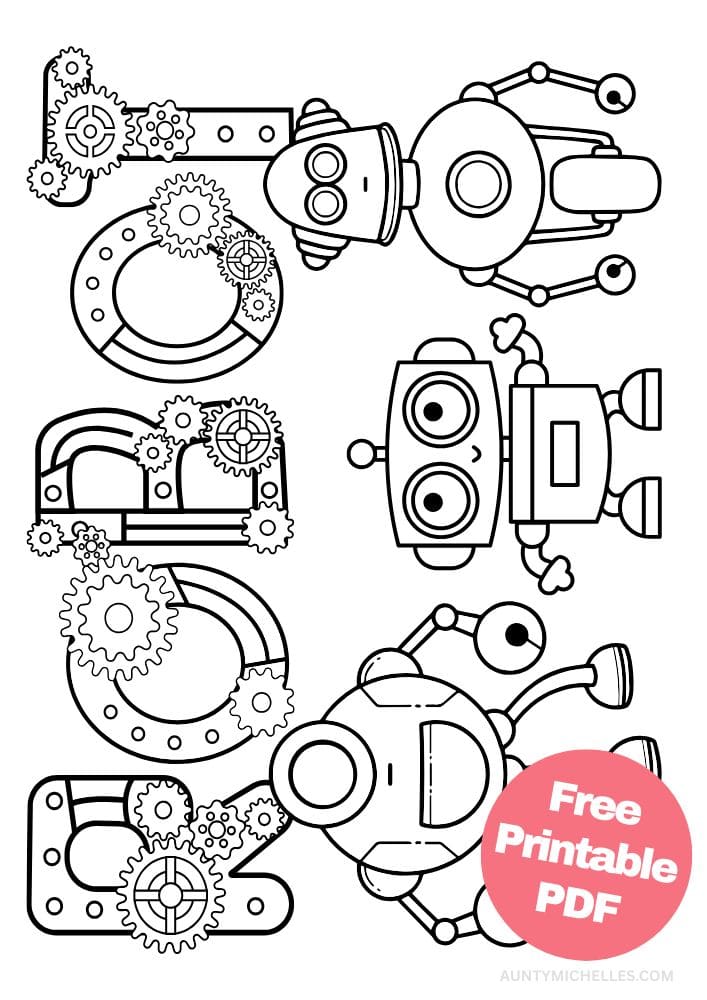 Robot Coloring Page for Kids Bot Droid gears gear ai future futuristic