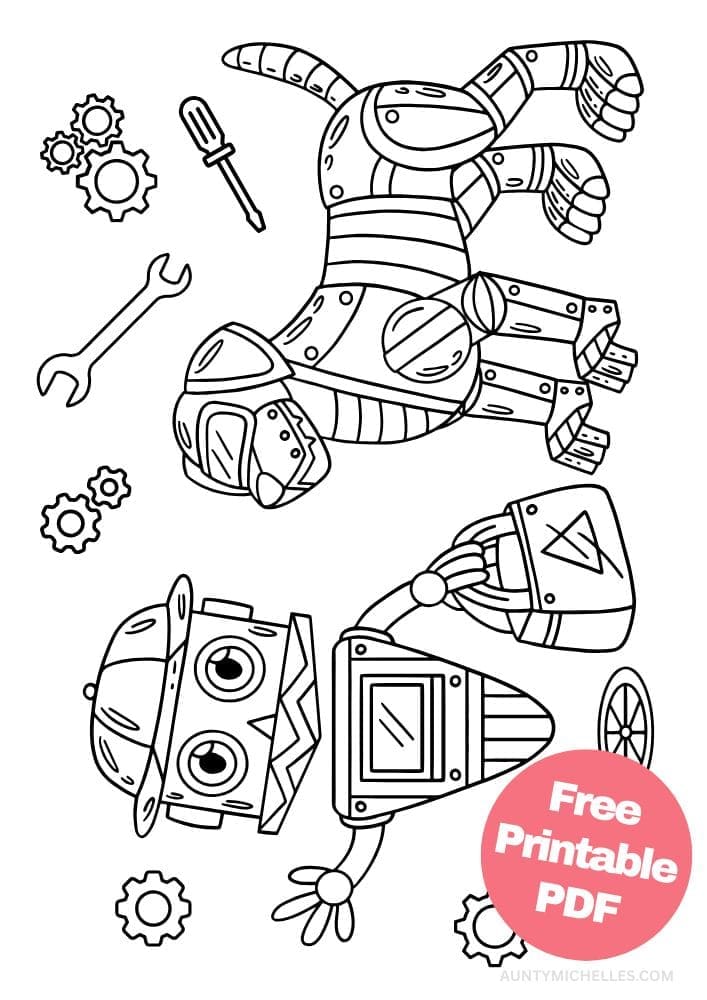 Robot Coloring Page for Kids Bot Droid gears mechanic dog robo tools