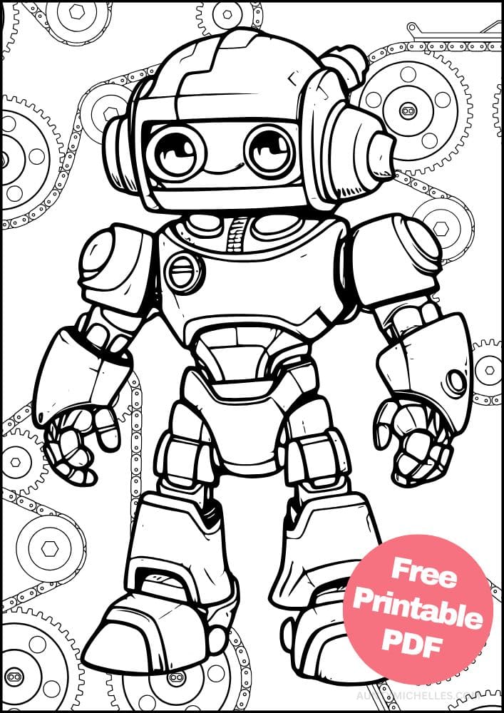 Robot Coloring Page for Kids Bot Droid gears mechanic engineer science