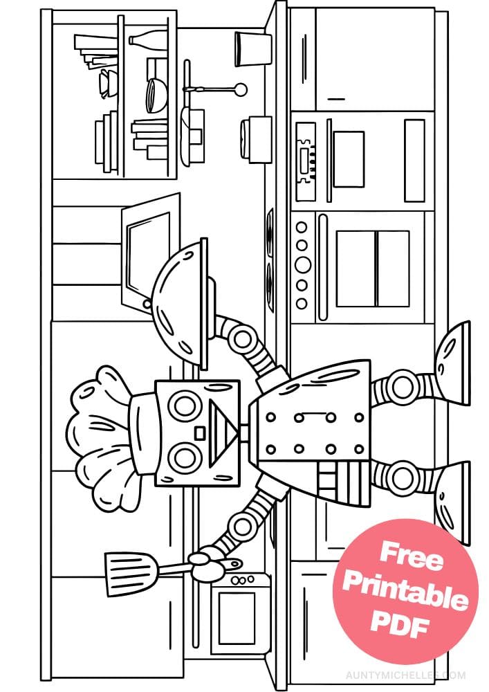 Robot Coloring Page for Kids Bot Droid kitchen chef ai