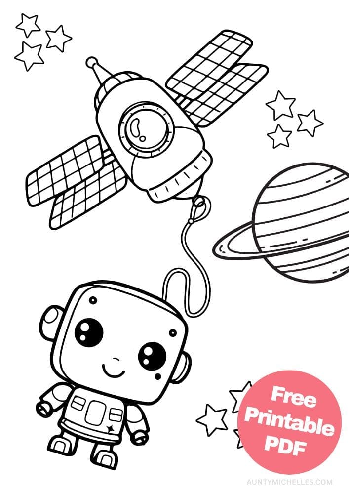 Robot Coloring Page for Kids Bot Droid outer space drone planet