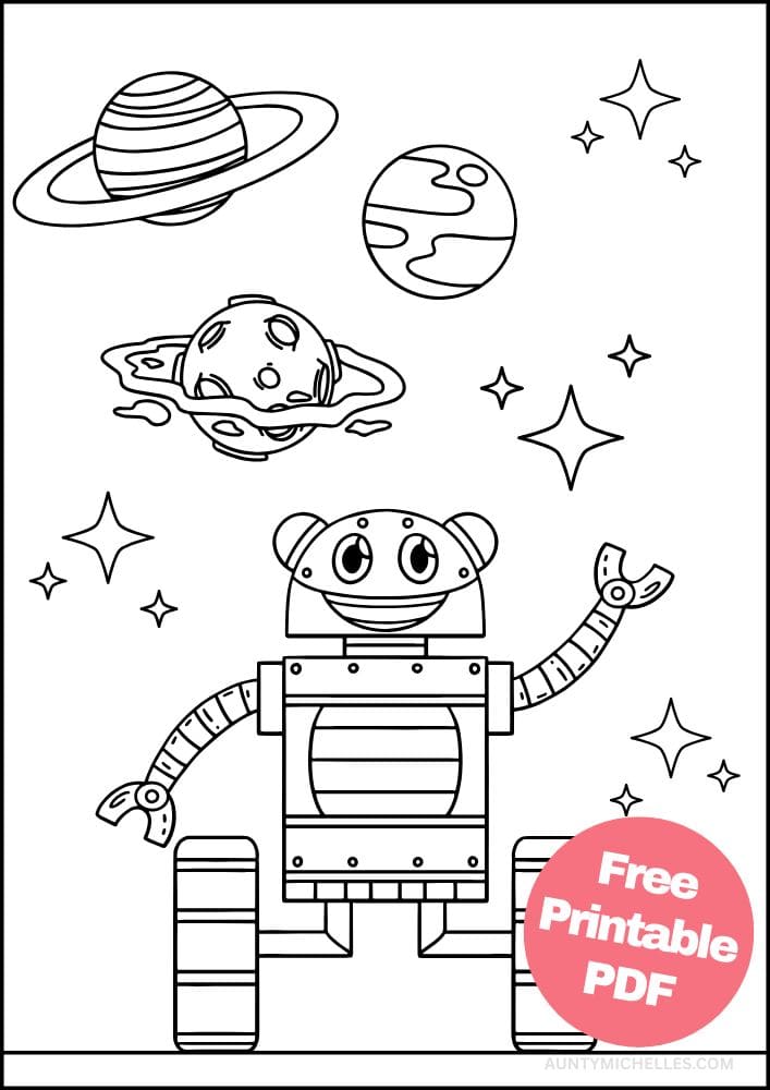Robot Coloring Page for Kids Bot Droid outer space planet star future